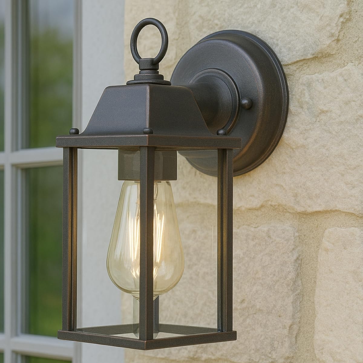 CGC Lighting Outdoor Outside Wall Light Mains Power Bevelled Glass Coach Lantern Porch Garden Decorative Lamp Fixture Waterproof (Antique Brass)