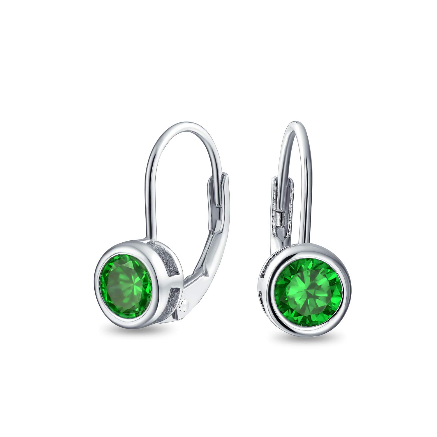 Dainty Round Bezel Brilliant Cut AAA Cubic Zirconia Simulated Emerald Green CZ Solitaire Dangle Drop Earrings Lever Back .925 Sterling Silver — image 1