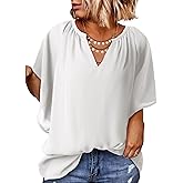 Eytino Womens Plus Size Tops Loose V Neck Bell Short Sleeve Casual Chiffon Blouses Pleated Flowy Shirts(1X-5X)