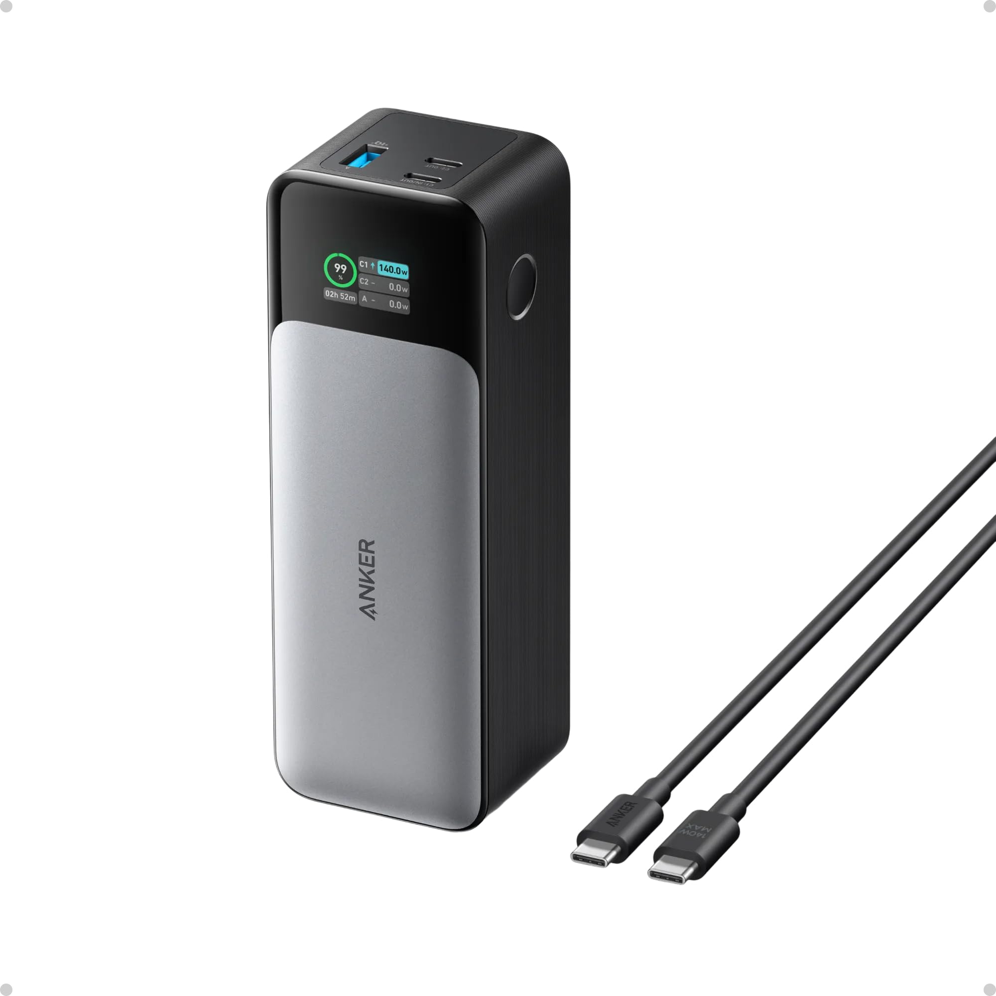 ANKER 737 Power Bank, cargador portátil para computadora portátil de 3 puertos de 140 W máximo, 24,000 mAh, pantalla inteligente, compatible con iPhone 16/15/14 Series, Vision Pro, Samsung, MacBook y más