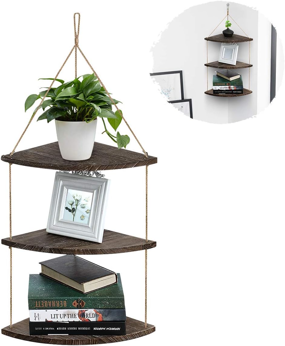 AGSIVO Floating Shelves with String, Hanging Corner Shelf 3 Tier Wall