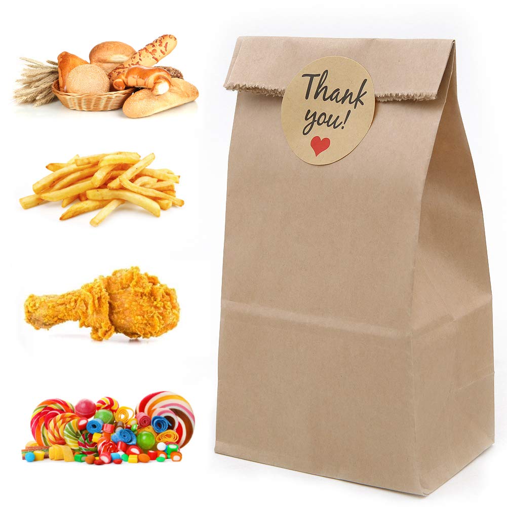100 Pack Kraft Paper Bags,4.7 x 2.8 x 8.3 inch Brown Paper Bags Bread Sandwich Food Grocery Bag with 108pcs Thank You Label Stickers for Party Favor Take Away Outlets
