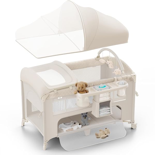 OBEE ODEE 4 IN 1 BABY BASSINET, PACK AND PLAY, BEDSIDE CRIB SLEEPER, DIAPER CHANGER – COMES WITH MATTRESS, MOSQUITO NET, BOTTOM STORAGE AND TOY BAR FOR NEWBORN TO TODDLES