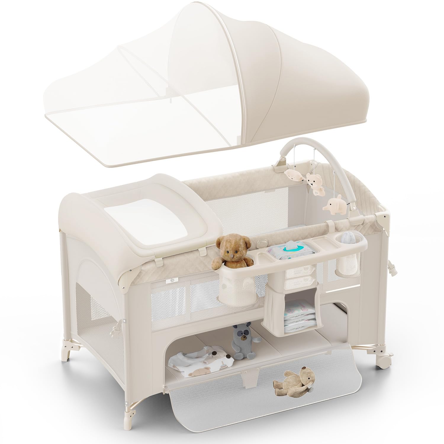 Photo 1 of Obee Odee 4 in 1 Baby Bassinet, Pack and Play, Bedside Crib Sleeper, Diaper Changer - Comes with Mattress, Mosquito Net?Bottom Storage and Toy Bar for Newborn to Toddles