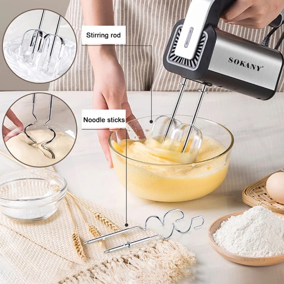 SOKANY 800W Handrührgerät Edelstahlkneter Handmixer, 5 Geschwindigkeiten mit Exit-Taste, Handrührer mit 2 Knethaken & 2 Rührbesen (CX-6651) 5