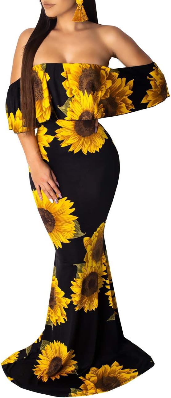 Women's Sexy Off Shoulder Maxi Dress Hawaiian Floral Evening Gown Long Dress