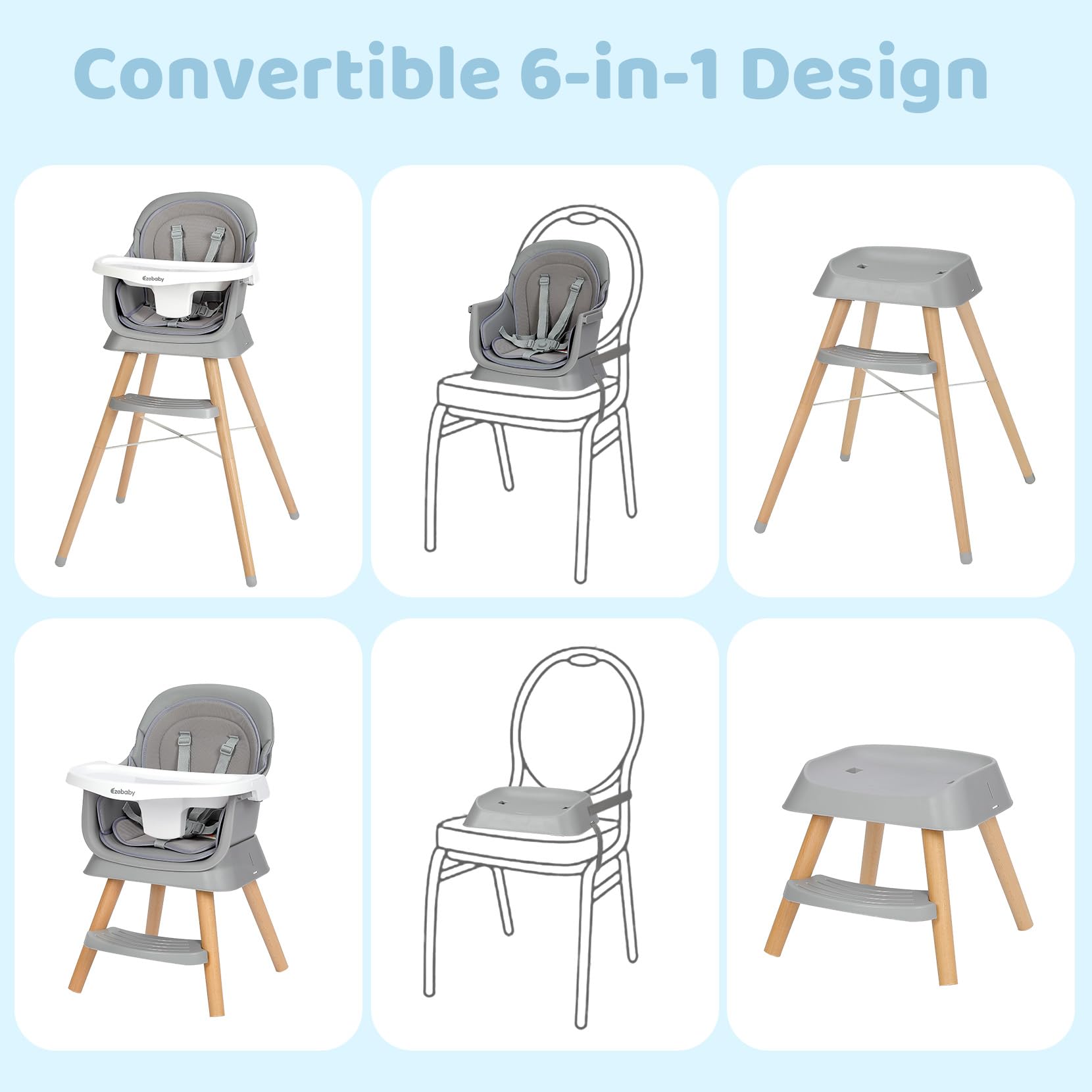 Ezebaby 6 in 1 Wooden High Chairs for Babies and Toddlers, Convertible Portable High Chair, Booster Seat for Dining Table,Toddlers Chair with Adjustable Legs & Dishwasher Safe Tray