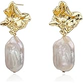 Handmade Freshwater Cultured Rectange Baroque Pearl Statement Dangling Drop Earrings for Women