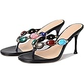 DREAMSTORY Women's Jeweled Thong Strappy Heels Sandals Comfortable Round toe High Heel Dressy Summer Sandals for Wedding Party Beach Flip Flops Slip On Casual Shoes Wear