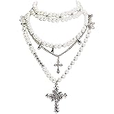 Bocar Gothic Cross Layered Pearl Necklace Chunky Statement Stacked Necklace Y2K Silver Layered Necklace for Women (NK-10769)