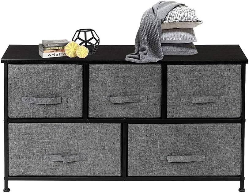 Civigrape 5 Drawer Dresser Storage Organizer Tower, 2-Tier Fabric Storage Chest Cabinet for Bedroom,Entryway, Closets,Office Furniture Storage Tower,Sturdy Steel Frame, Wood Top (Gray)
