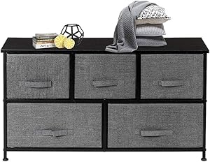 Civigrape 5 Drawer Dresser Storage Organizer Tower, 2-Tier Fabric Storage Chest Cabinet for Bedroom,Entryway, Closets,Office Furniture Storage Tower,Sturdy Steel Frame, Wood Top (Gray)