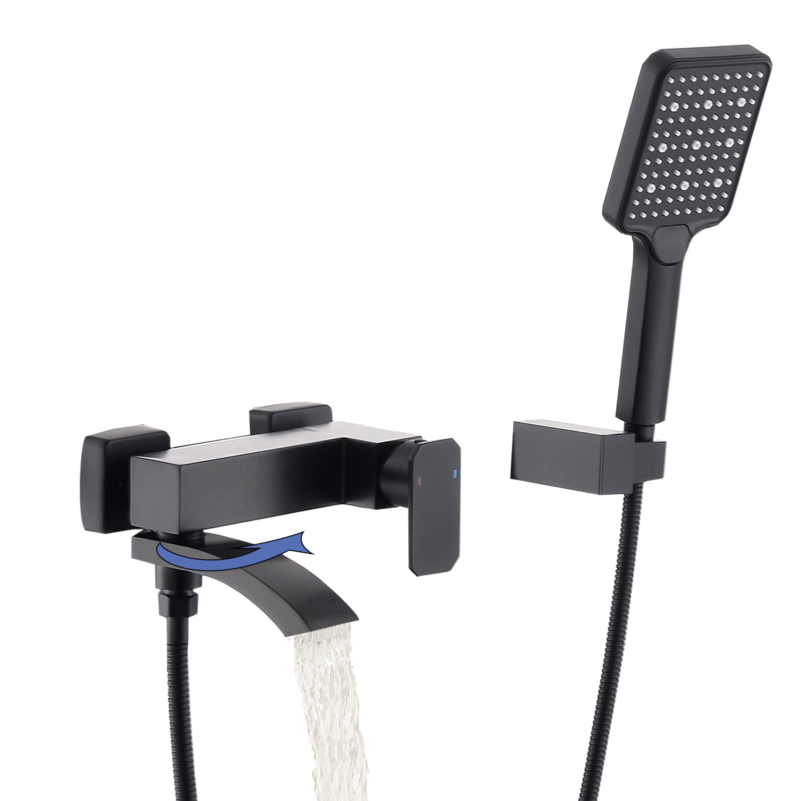 Photo 1 of BEIYI Wall Mount Tub Faucet with 3 Functions Handheld Sprayer, Matte Black Bathtub Shower Faucets with Lengthened Folding Spout