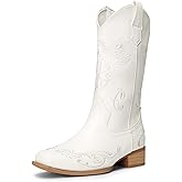DREAM PAIRS Women's Square Toe Cowboy Cowgirl Boots Pull On Low Chunky Heel Mid Calf Western Boots with Embroidered Stitched for Theme Party Country Concert