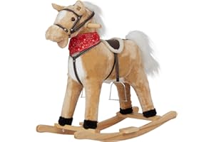 KINFANT Toddler Plush Riding Horse, Kids Wooden Rocker Animal with Sounds, Light Brown