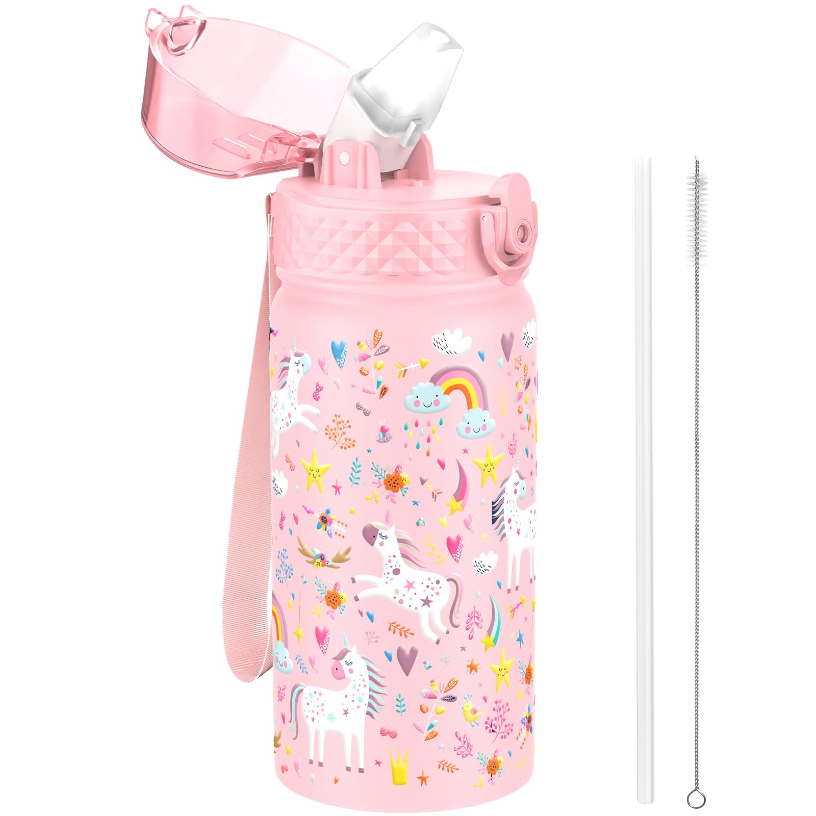 GOPPUS 420ml/14oz Kids Insulated Water Bottle with Straw Cute Double Wall Stainless Steel Child's Small Flask Vacuum Insulated Steel Metal Leak Proof Drink Flask Boys Toddler Girls Bottles BPA-Free