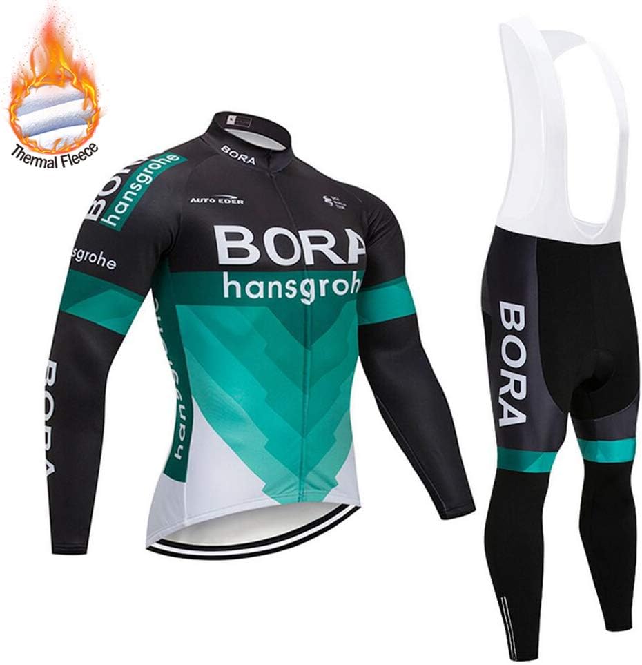 SUHINFE Winter Cycling Suits for Men, Long Sleeve Thermal Fleece Cycling Jersey with Cycling Bib for Pro Team MTB
