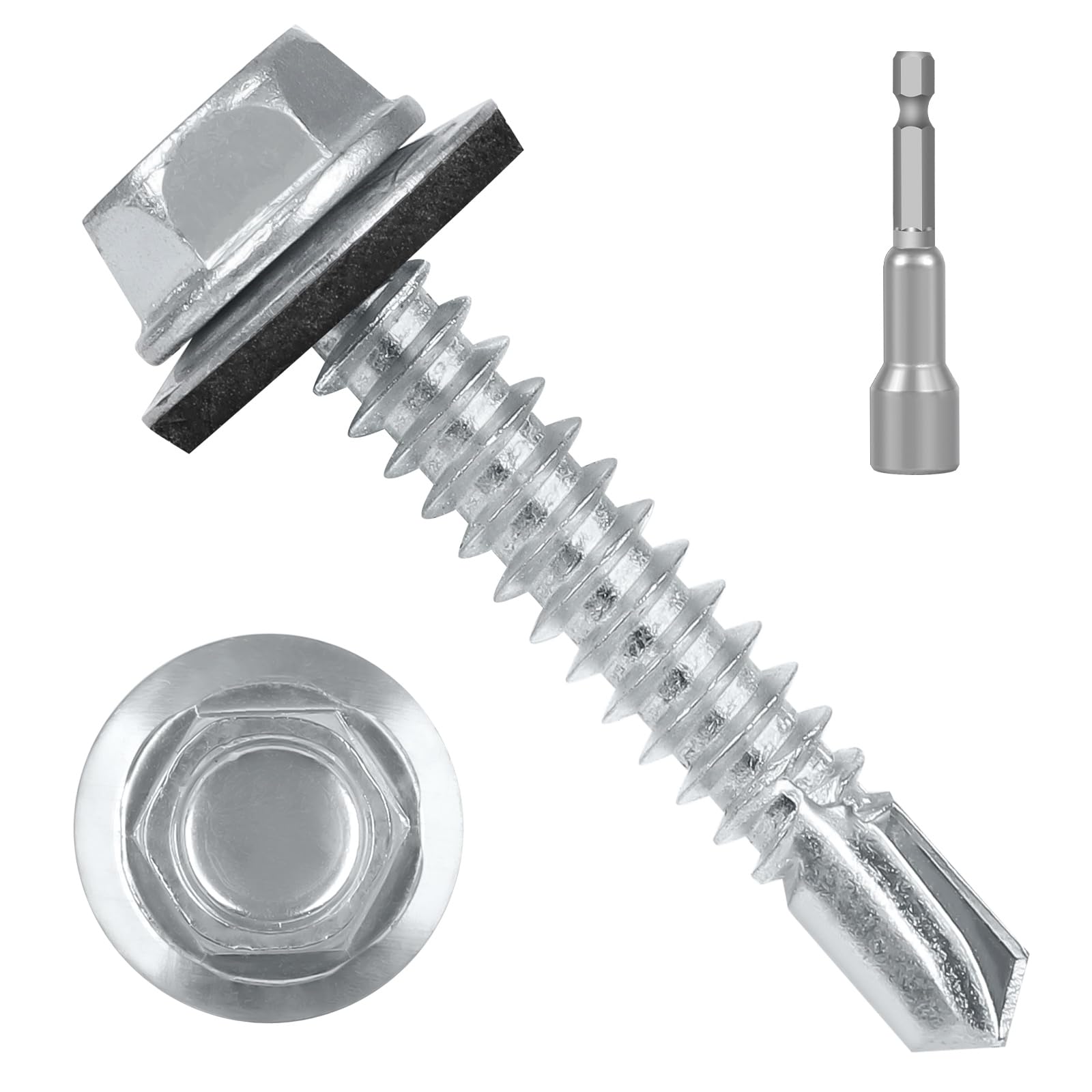 View 1 of #10 x 1-1/4" (50 PCS) Metal Roofing Screws with Rubber Washer, Hex Head Self Tapping Screws for Metal, Self Drilling Sheet Metal Screw, Hex Bit Socket Included