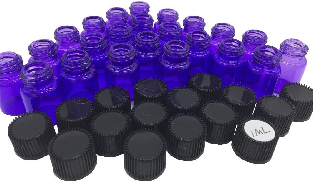 1ML/2 ML Essential Oil Bottle 1/4 5/8 Dram Purple Glass Vials Bottles with Black Caps for Essential Oils 30-60 Units (1 ML, 30Pcs)