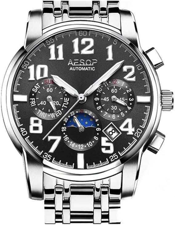 Amazon Aesop 腕時計 アナログ 自動巻き 機械式 ウォッチ メンズ 人気 ステンレススチール オス 時計 月相 夜光 防水 おしゃれ ユニークデザイン シルバーブラック メンズ腕時計 腕時計 通販