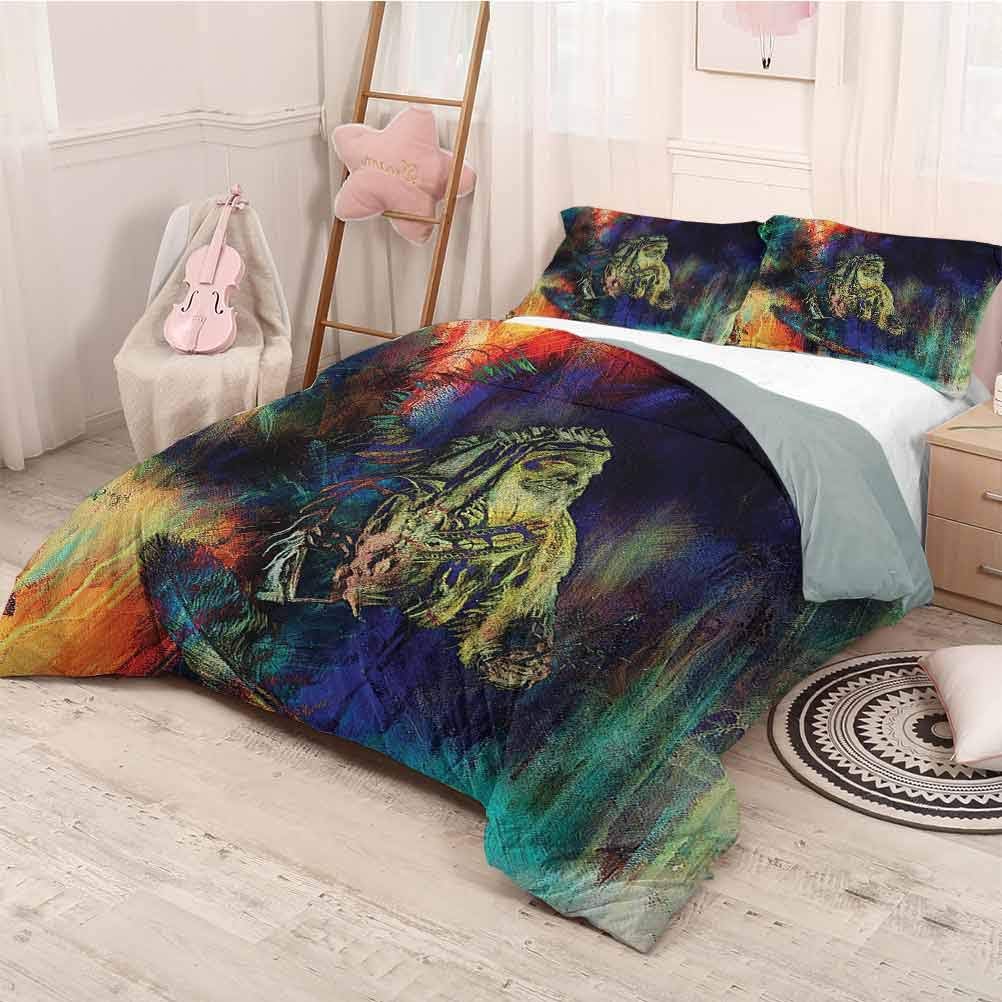 HELLOLEON Feather House Decor 3-Pack (1 Duvet Cover and 2 Pillowcases) Bedding Grungy Futuristic Design of Native American Foreman Bull with Motley Effects Polyester (Queen) Multi