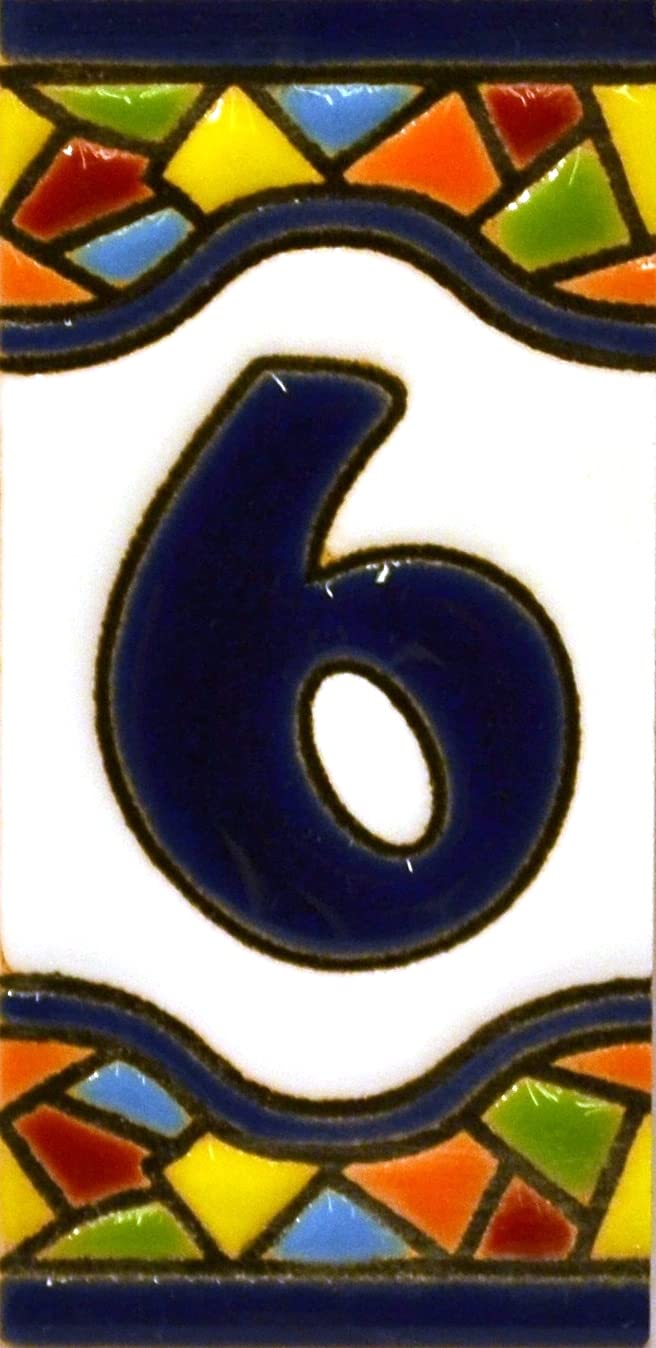 ART ESCUDELLERS House Number Tile, Ceramic, Traditional Spanish Mosaic Style, Number Six '6', 2.87 * 1.38 inch