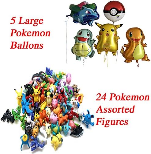 5 Pokemon,Pikatchu Children Birthday Party Balloons + 24 Pcs/Set Pokemon Mini action Figures,Party Supply Set,Balloons Reusable and over 2 Ft(26'),Pokemon Cake toppers.