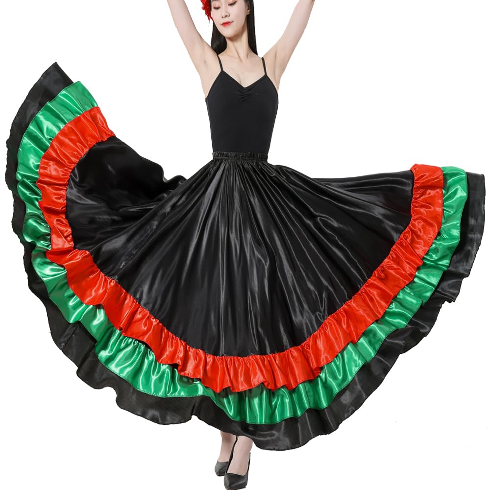 Photo 1 of Adult Ruffles Black Red Green Maxi Long Dance Skirt for Mexican Flamenco Halloween Costume (Black Skirt-Green/red Ruffles)