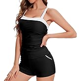 Zaverse Womens Tankini Swimsuits Retro Two Piece Tummy Control Bathing Suit Color Block Slim Swimwear with Shorts