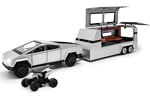 QETUPA Cybertruck Model: 1/32 Diecast Metal Pick-Up Truck Trailer Toy with Motorcycle with Lights and Sounds for Boys, Ages 3 and Up (Silver, Pickup Trailer with RV)