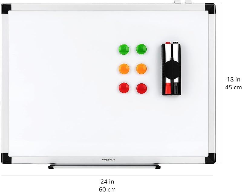 Tableau Blanc Magnétique Avec Cadre en Aluminium, Porte-Stylos, 6 Aimants, 1 Gomme et 2 Marqueurs Pour une Utilisation au Bureau et à la Maison, Mural, Effaçable à Sec, 60 x 45cm