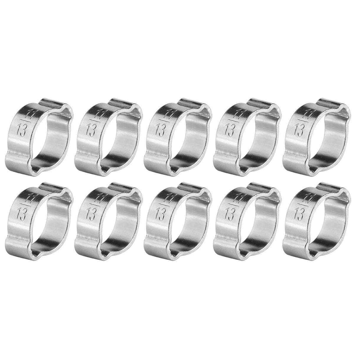 10Pcs Double Ear Hose Clamp, Stainless Steel Two-Ear Throat Clamp Press O-Clip Hose Clip Tube Connecting Fastener, for Silicone/Rubber Hose Fuel Pipe (11-13mm)