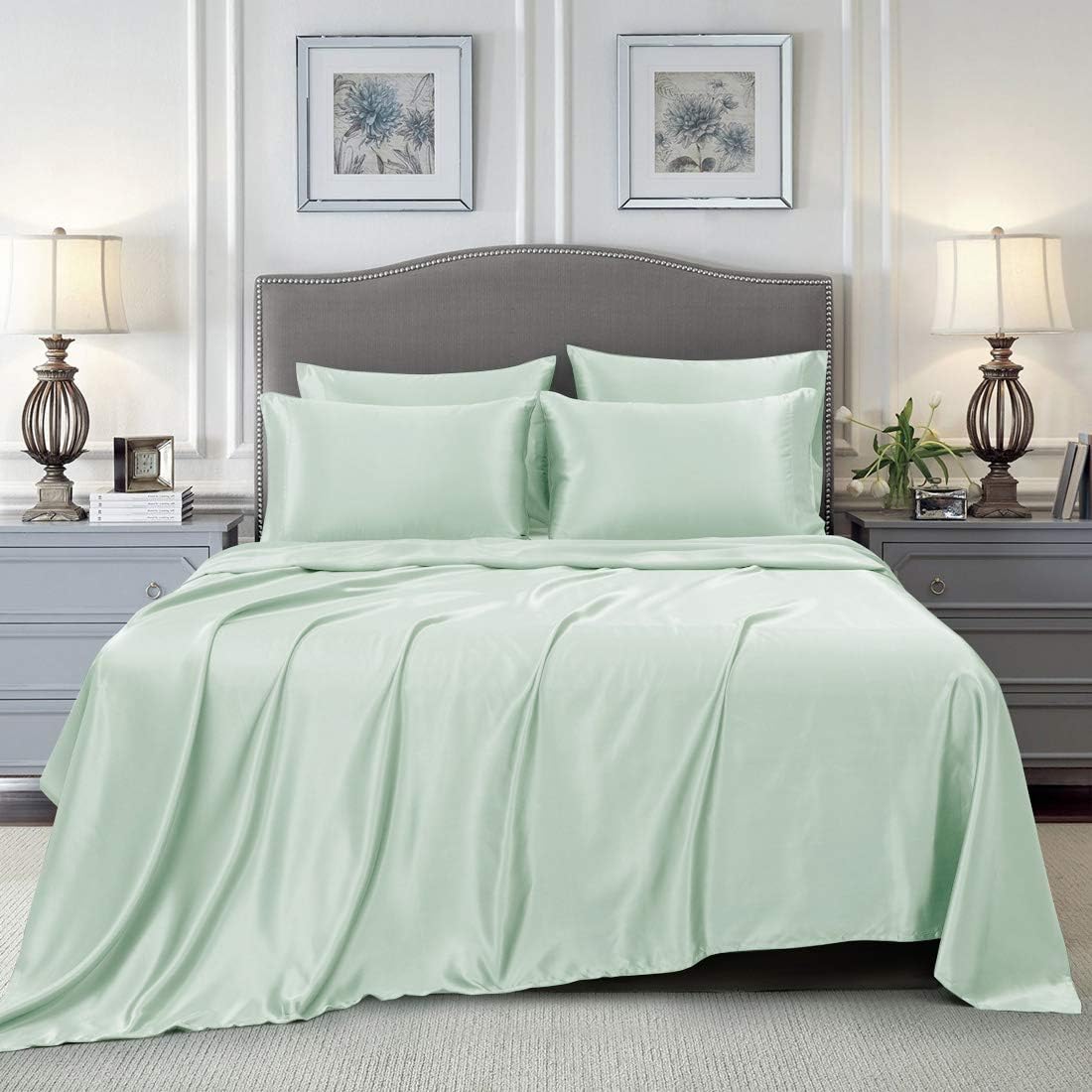 Homiest 6-Pieces Satin Sheets King Size Luxury Silky Satin Bedding Set with Deep Pocket 1 Fitted Sheet + 1 Flat Sheet + 4 Pillowcases, Mint Green: Home & Kitchen