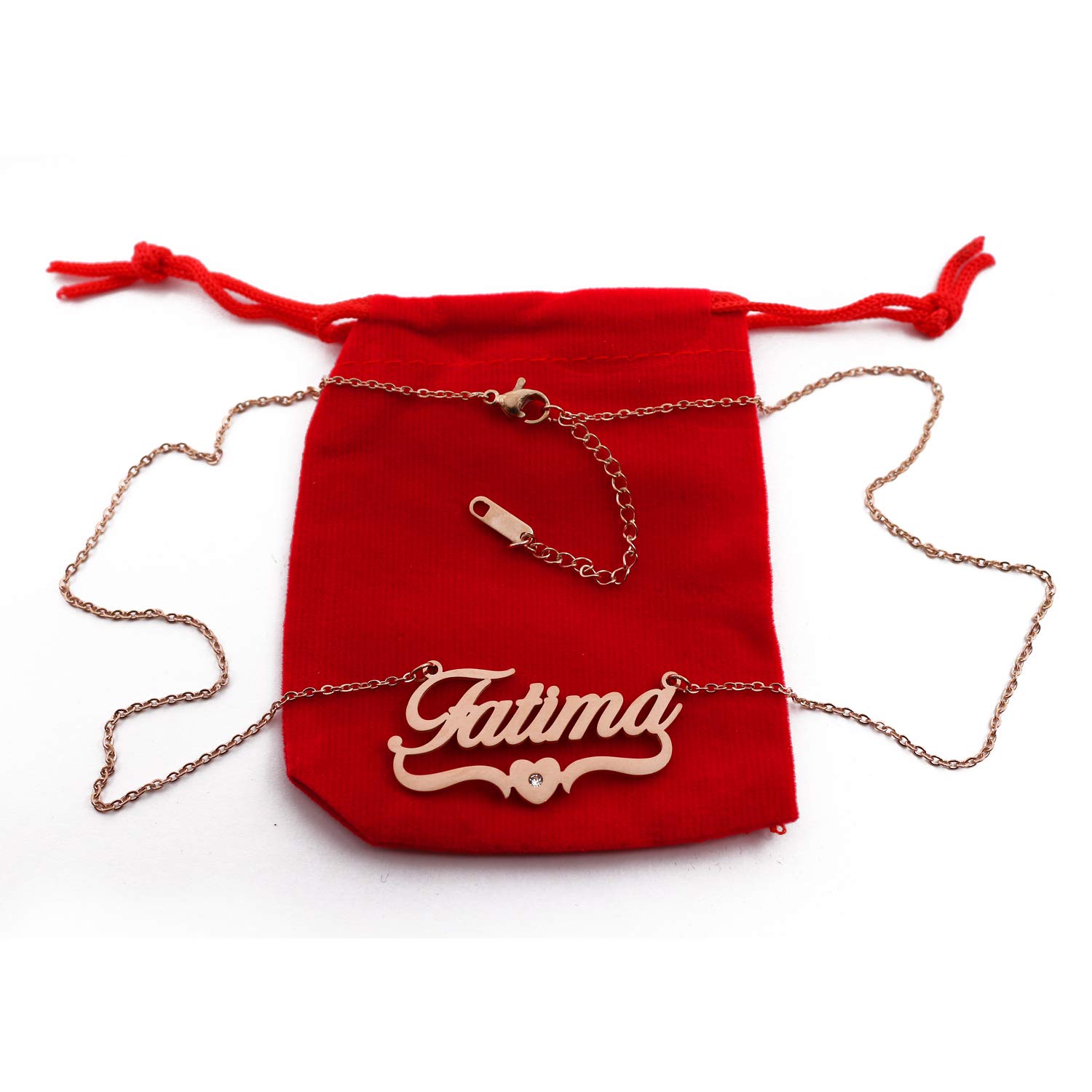 Kigu Fatima Personalised Heart Shaped Name Necklace Rose Gold Plated, Custom Dainty Name Pendants, Jewellery for Ladies, Girlfriend, Mother, Sister, Friends