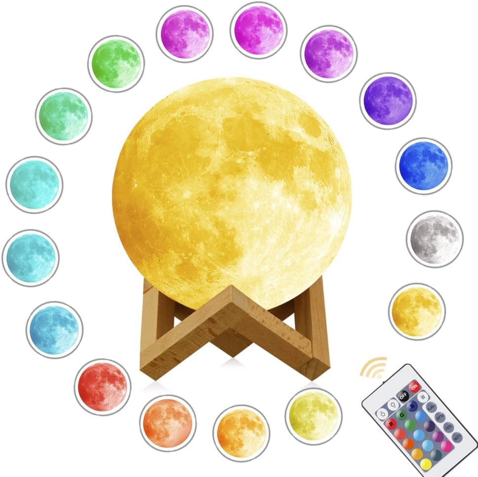 3D Moon Lamp Printing Night Light,Rquite Remote Control 16 Colors Changing Optical Illusion LED Lunar Moonlight Globe Ball with Wood Stand Base for Kids Room Home Decor - 5,9 Inch