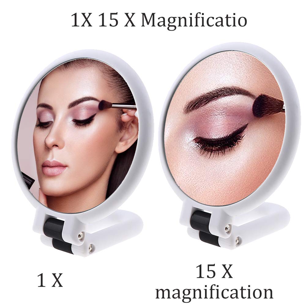 15x Magnifying Handheld Mirror,Travel Folding Hand Held Mirror,Double Sided Pedestal Makeup Mirror with 1/15x Magnification: Beauty