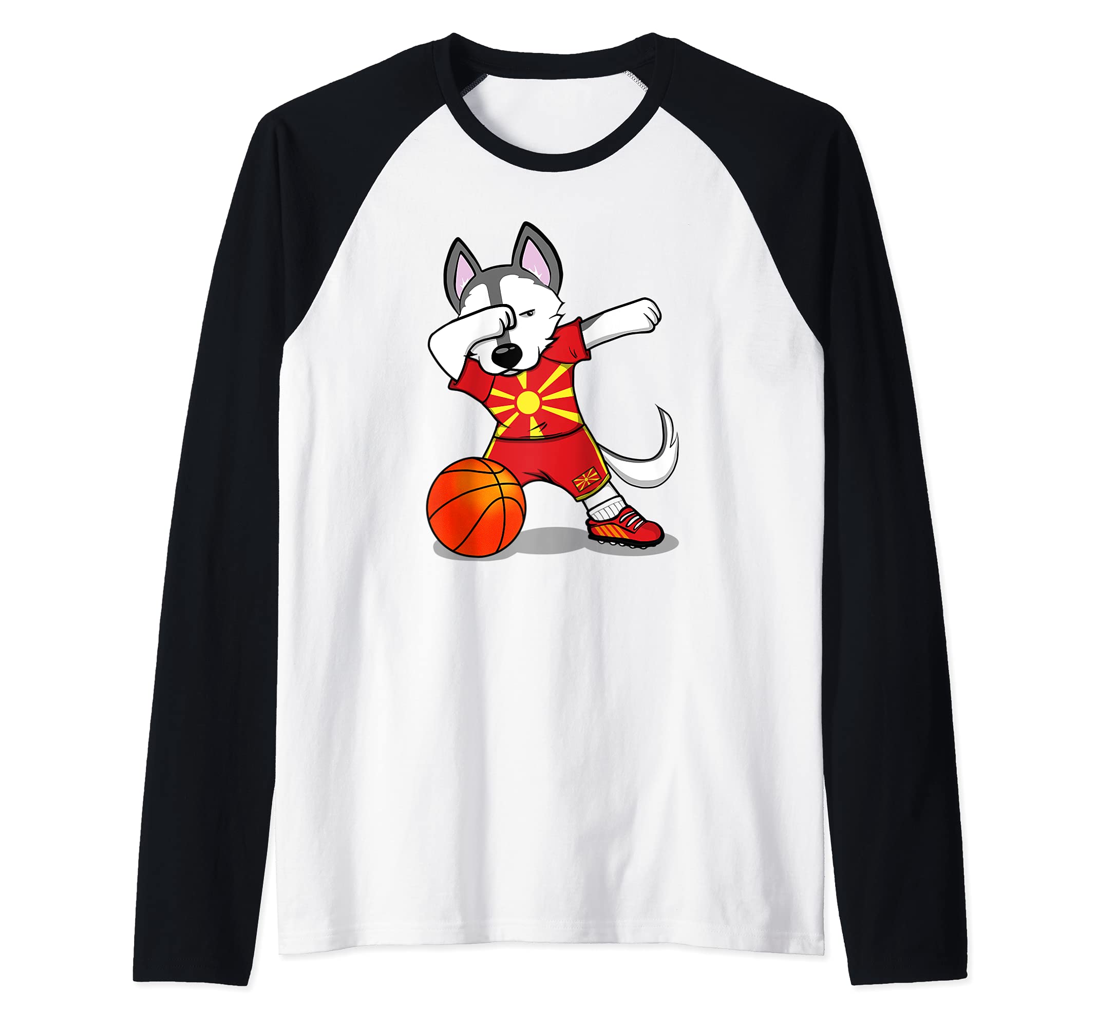 Funny Dabbing Husky Dog Macedonia Basketball Fan Jersey Flag Raglan Baseball Tee