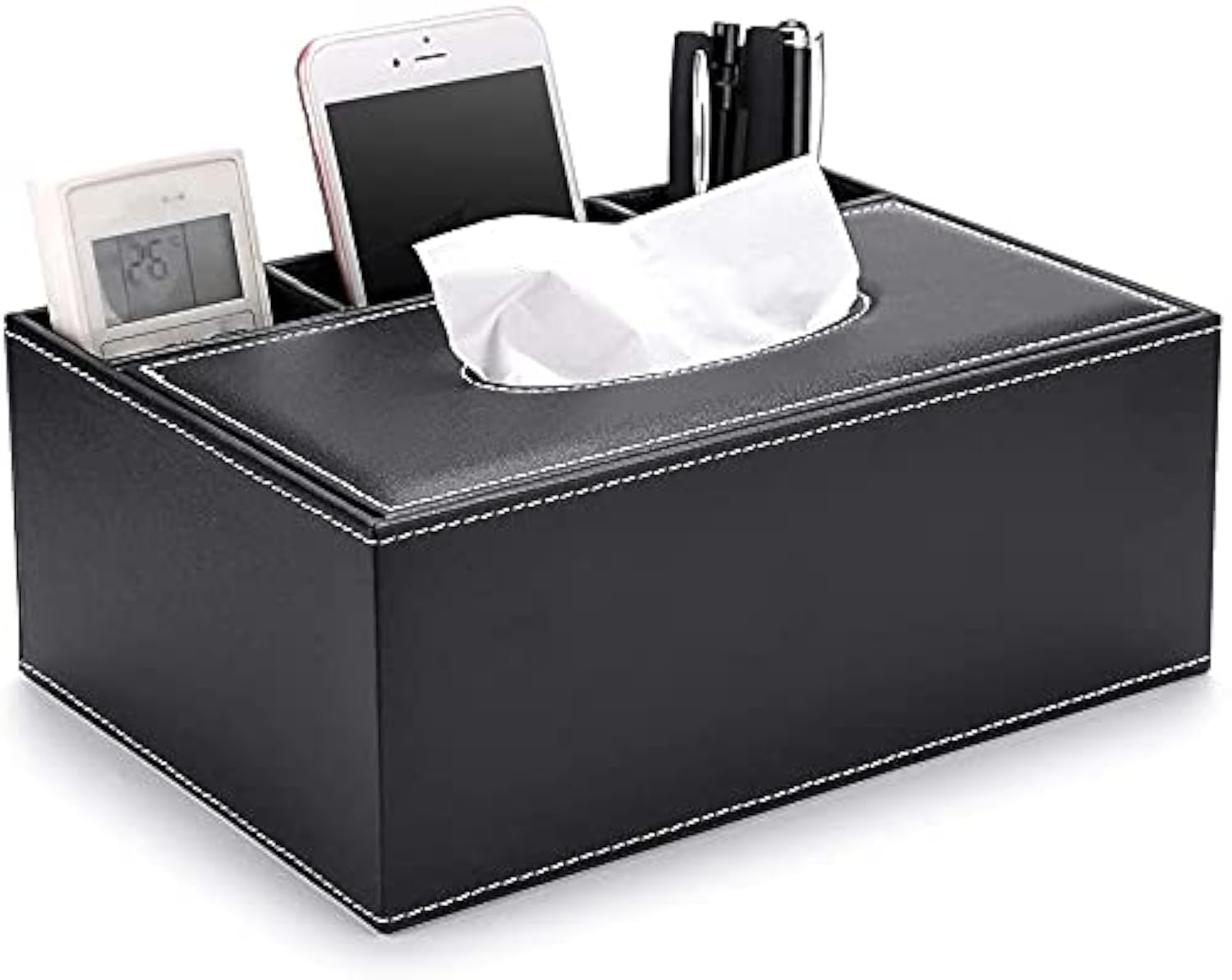 PU Leather Household Office Rectangular Large Tissue Box with Remote Control Storage Organizer Box - Elegant and Stylish Home Napkin Holder Desktop Tissue Paper Holder Desk Storage Organizer (Black)