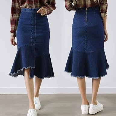 Amazon 切り替え裾 フリンジ デニムスカート ストレッチデニム