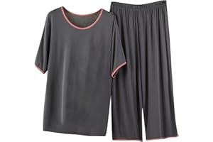 Kinrui Women's Lounging Wear 2 Piece Outfits Sleep Pajamas Set Comfy Summer Pjs Loose Casaul Short Sleeve Tops Capris Pants
