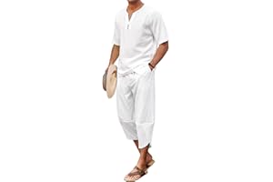 COOFANDY Men's 2 Pieces Linen Set Henley Shirt Short Sleeve and Harem Capri Pants Wide Leg Baggy Beach Yoga Trousers Outfits