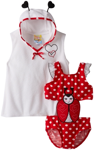 Baby Buns Little Girls' Prettiest Ladybug One Piece Swimwear Cover Ups, Red, 3T