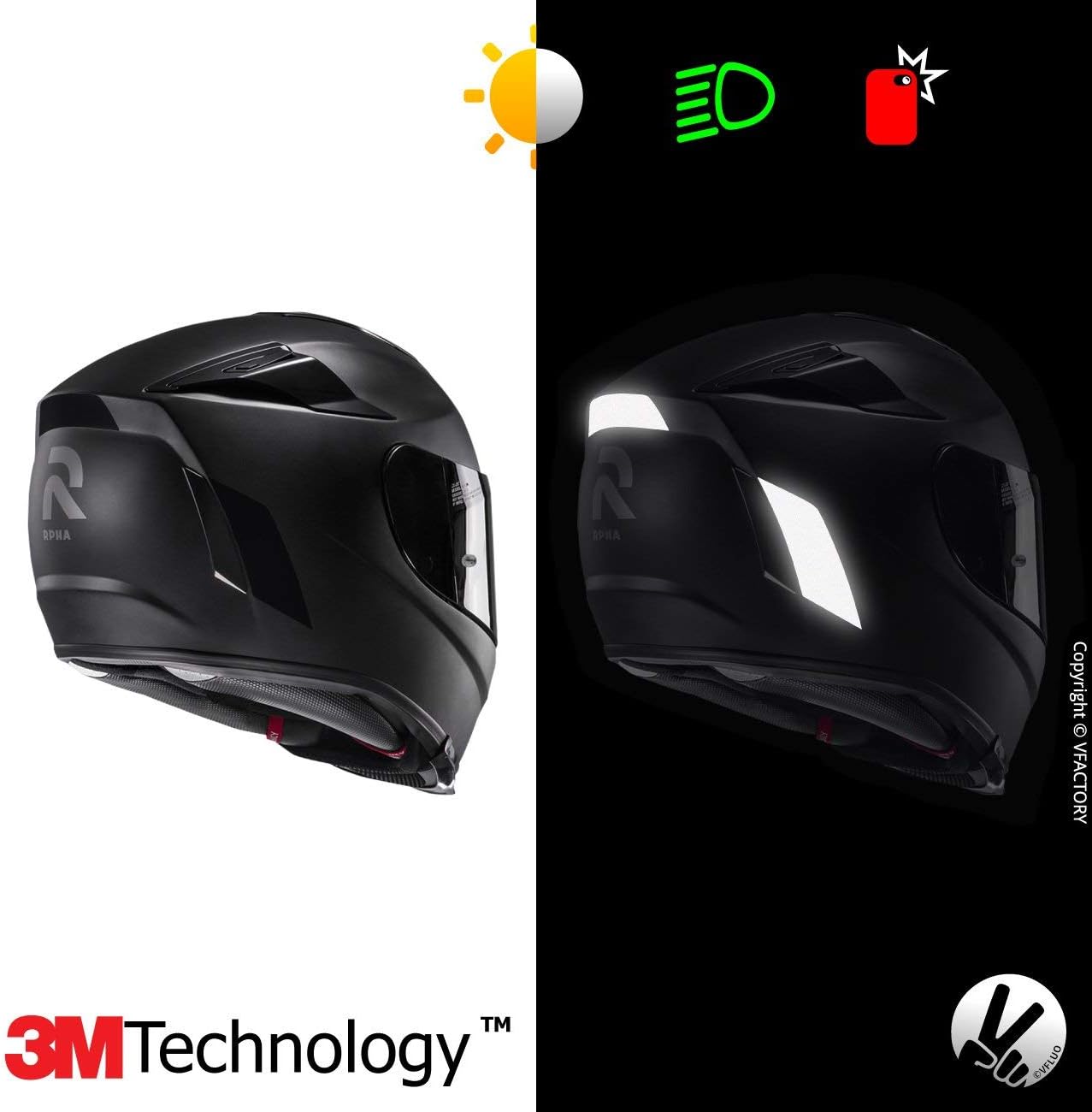 VFLUO RPHA70™, retro reflective 4 stickers kit made for HJC RPHA70™ and adaptable to all helmets, 3M Technology™, Black - Image 5