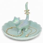 bwszrosa Cat Ring Holder Jewelry Dish&ndash;Ceramic Trinket Tray for Rings,Earrings,Necklaces &amp; Bracelets,Cute Cat Jewelry Organizer for Vanity,Nightstand,Dresser,Birthday Gift for Women,Girls Cat Lovers
