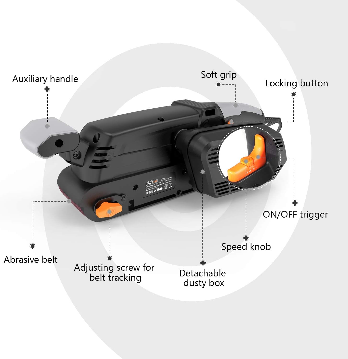 TACKLIFE Belt Sander, 7.5A 900W, 3×21-Inch Bench Sander, Variable Speed 450 to 750RPM with 12 Dials, Fixed Screw Clamp, Vacuum Adapter 32/35mm, Pure Copper Motor, Lock Button for Efficient Work PSFS2A - - 