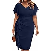 Plus Size Cocktail Dress - Wedding Guest Women Bodycon Vintage Ruffle Church Pencil Dress
