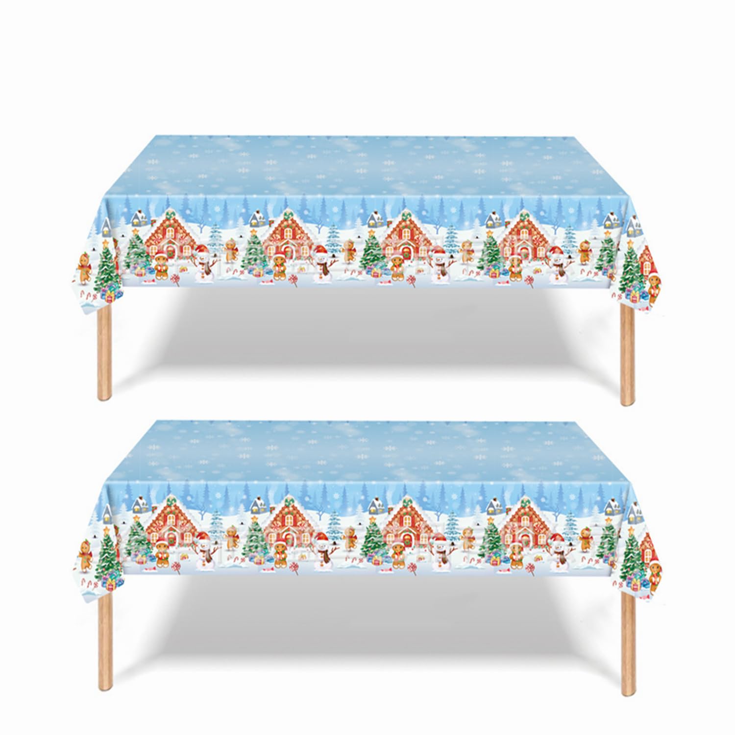 2 Pack Christmas Table Cloth, 137x274cm Rectangle Large Plastic Tablecloth Blue Gingerbread Man Party Tableware Decor, Xmas Tablecovers for Winter Holiday Dinner Table Cloths