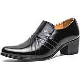Men's Leather Pointed Toe Block Heels Slip-on Oxford Shoes Comfort Medium Chunky Heels Retro Low Top Dress Prom Shoes for Wedding Business Work Dating
