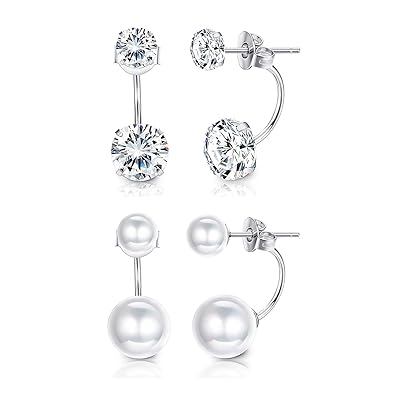 Sllaiss 2 Paar Ohrstecker Silber 925 Double Kugeln Ohrstecker Zirkonia Runde Perle Schmuckgeschenk für Damen