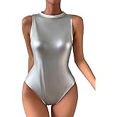 WDIRARA Women's Metallic Pu Bodysuit Tank Top Round Neck Sleeveless Casual Slim Fit Bodysuit Tops